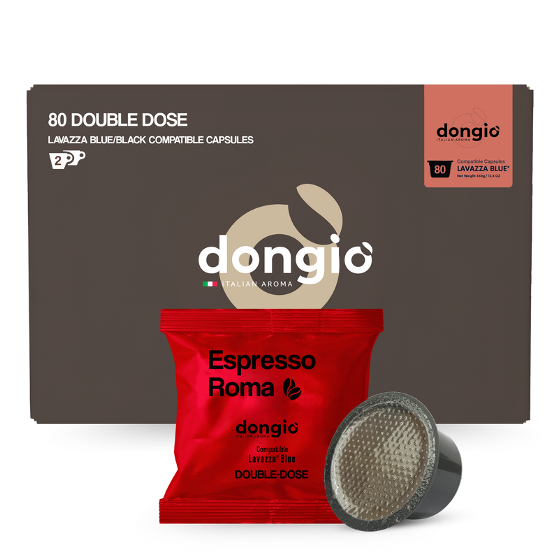 Dongio Caffe Roma Double Espresso – 80 Lavazza Blue® Compatible Capsules | Creamy Italian Coffee with Cocoa & Hazelnut Notes
