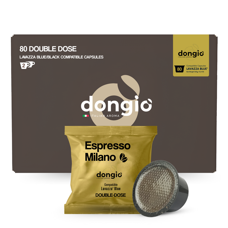 Dongio Caffe Milano Double Espresso – 80 Lavazza Blue® Compatible Capsules | Smooth Italian Coffee with Caramel & Dried Fruit Notes