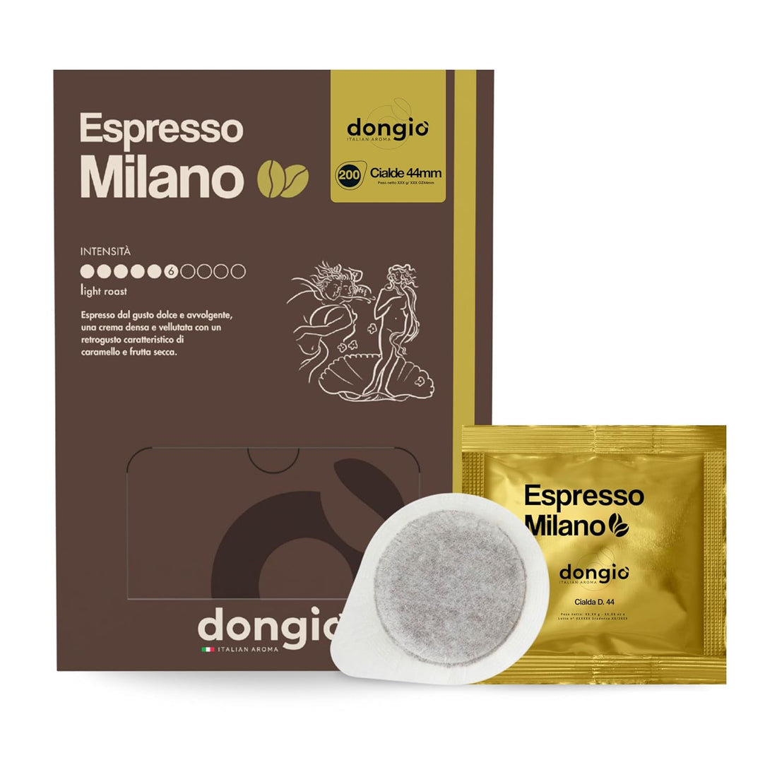 Dongio Caffe Milano Light Roast ESE 44mm Coffee Pods – 200 Count